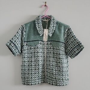 NWT Mystree Green Cream Tweed Short Sleeve Textured Blazer Jacket Sz S Career